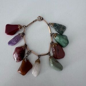 🌿 Vintage Mixed Natural Stone Charm Bracelet | Amethyst, Agate, Quartz, Jade
